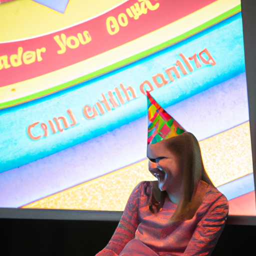 ילדת יום הולדת מופתעת צוחקת על שקופית מצחיקה במהלך המצגת