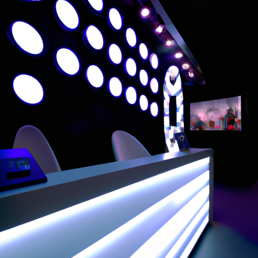 A photo of an eye-catching exhibit booth featuring bold graphics and innovative lighting.